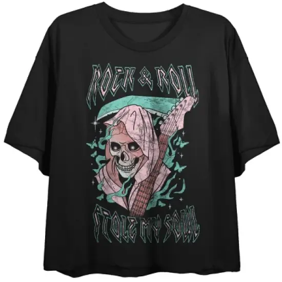 Vintage Reaper Rock & Roll Crew Neck Short Sleeve Women's Black Crop T-shirt image {2}