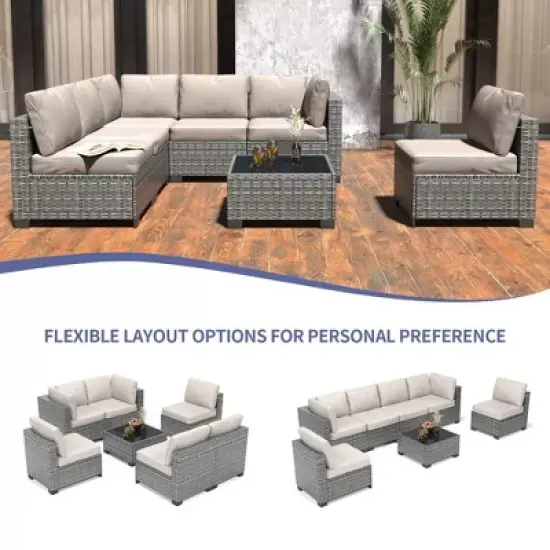 7-Piece Outdoor Patio Furniture Set with Glass Top Coffee Table, PE Rattan Wicker Sectional Modular Conversation Sofa Set w/ Cushions for Patio image {2}
