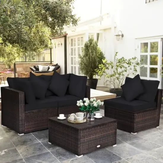 Tangkula 4PCS Rattan Patio Conversation Furniture Set Yard Outdoor w/ Black Cushion image {1}