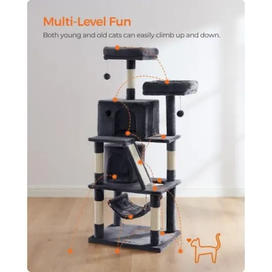 Feandrea Cat Tree, Cat Tower with 2 Cat Caves, Hammock, 61 Inches, Cat Activity Center with Scratching Posts and Board, Smoky Gray image {1}
