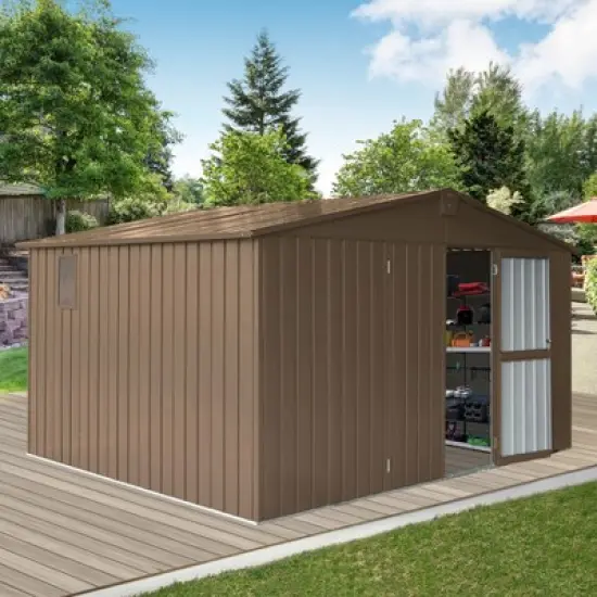 Backyard Storage Shed 11'x 9' with Galvanized Steel Frame & Windows, Outdoor Garden Shed,Utility Tool Storage Room with Lockable Door for Patio(Brown) image {1}