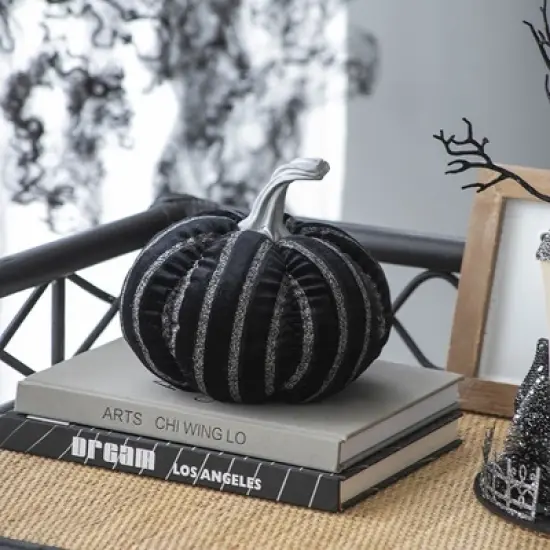 Whisen Fabric Stripe Pumpkin Decor, Holiday Halloween Decoration - Black & White image {2}