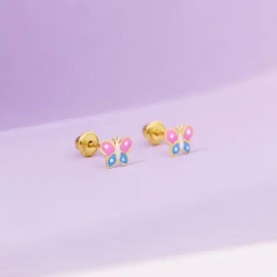 Girls' Two Tone Colorful Butterfly Screw Back 14k Gold Earrings - In Season Jewelry image {3}