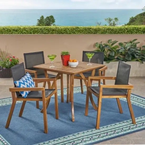 Chaucer 5pc Acacia and Mesh Dining Set - Teak/Black - Christopher Knight Home: Weather-Resistant, Square Table image {4}