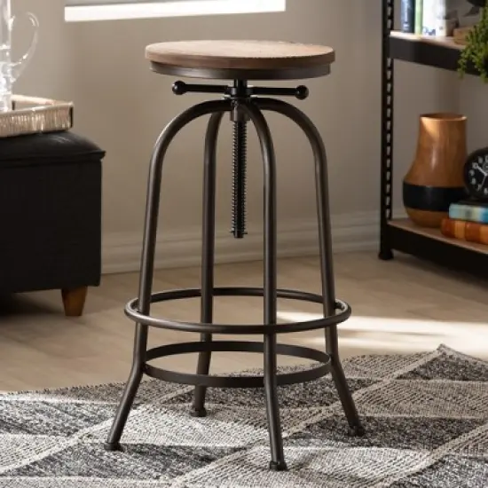 Aline Wood and Rust Finished Steel Adjustable Swivel Barstool Brown - BaxtonStudio image {2}