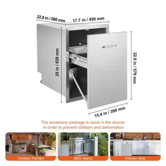 VEVOR Pull Out Trash Drawer 17.7x22.8 Inch Raised Style Trash Bin with Pull-Out Tray Stainless Steel Trash Drawer with Handle, Silver image {7}