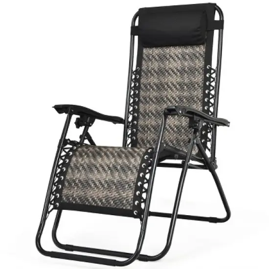 Tangkula Grey Folding Recliner 2PCS Patio Rattan Zero Gravity Lounge Chair With Headrest image {3}