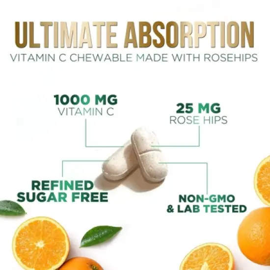 Chewable Vitamin C 1000mg - Extra Strength Antioxidants for Powerful Immune Support w/Vitamin C & Rose HIPS - Potent Dietary VIT C Chews - 60 Tablets image {2}