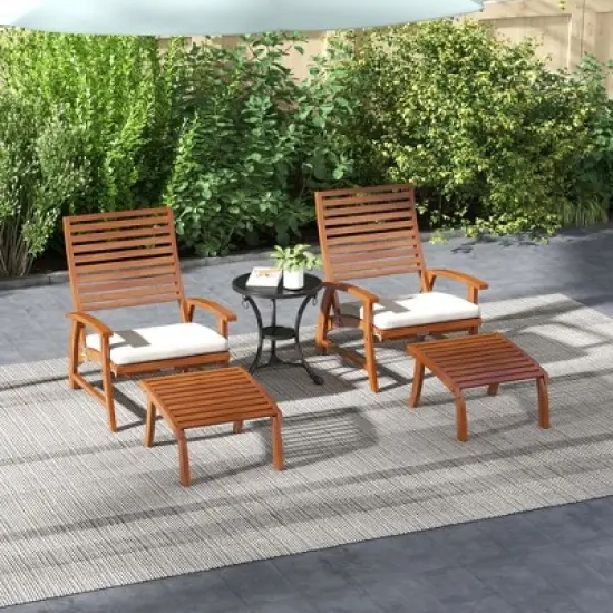 Outsunny 4 Piece Patio Furniture Set, 2 Chairs with Cushions & Ottomans, Slatted Acacia Wood Seat & Backrest, Cream White image {1}