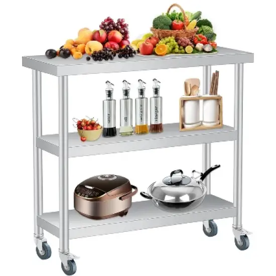 Stainless Steel Work Table with Lockable Casters,  3-Tier Commercial Kitchen Prep Table, Metal Utility Table image {9}