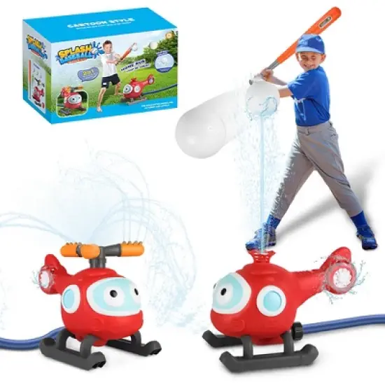 iMountek"2-in-1 Water Sprinkler Baseball Helicopter Toy for Kids - 360&deg; Rotating Tee Ball Set for Summer Fun"Red image {3}