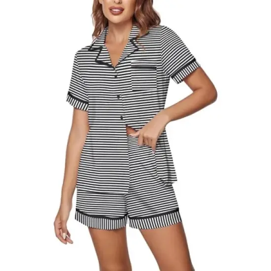 Ekouaer Women's Pajama Sets 2 Piece Short Sleeve Button Down Tops and Pants Pj Set V Neck Sleepwear Loungewear Chest Pocket image {2}