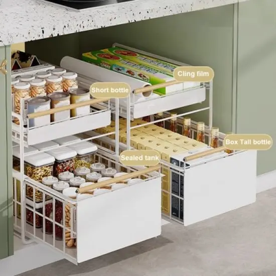 Carbon Steel Kitchen Cabinet Pull-Out Basket Under Sink Rack Multi-Function Bowl And Dish Seasoning Storage Rack Pull-Out Layered Shelf image {4}