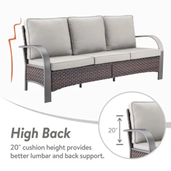 POCASSY Outdoor 75" Outdoor Sofa with Metal Armrest, All Weather Patio Brown Wicker Sofa Outdoor Couch Furniture for Porch, Deck, Garden image {6}