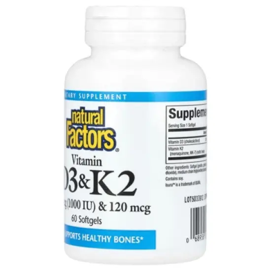 Natural Factors Vitamin D3 & K2, 25 mcg (1,000 IU) & 120 mcg, 60 Softgels image {2}