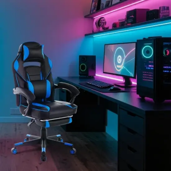 360&deg; Swivel Gaming Chair with Retractable Footrest, Adjustable Height PU Leather Computer Chair for Play Room, Home Office, Bedroom image {5}