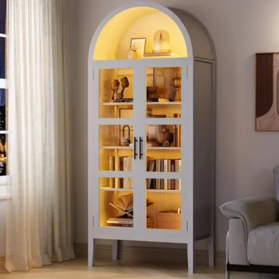 70" Tall Arched Kitchen Pantry Cabinet with LED Lights, Modern Wood Arched Bookshelf with Glass Doors & Adjustable Shelves image {6}