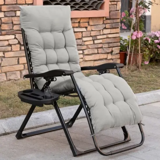 Outsunny Padded Zero Gravity Chair, Folding Recliner Chair, Patio Lounger with Cup Holder, Cushion for Outdoor, Patio, Deck, and Poolside, Gray image {2}