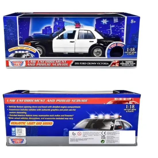 2001 Ford Crown Victoria Police Car Black & White w/ Flashing Light Bar, Front & Rear Lights & Sound 1/18 by Motormax image {2}