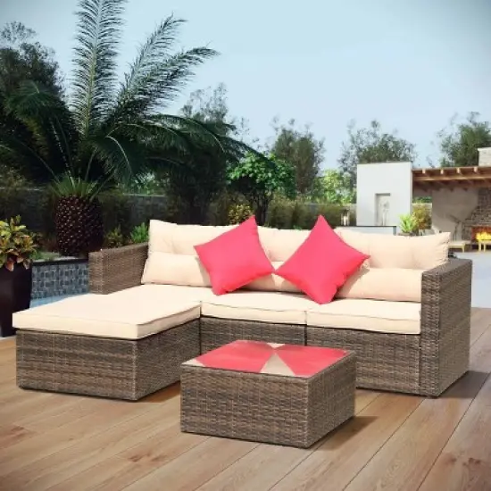 5pc Wicker Patio Sectional Seating Set with Shallow Cushions - Brown - GODEER image {3}