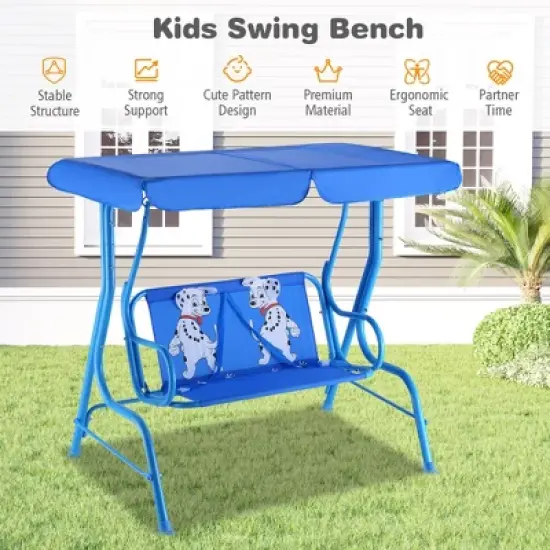 Tangkula Kids Patio Porch Bench Swing w/ Safety Belt Canopy Outdoor Furniture Blue image {5}