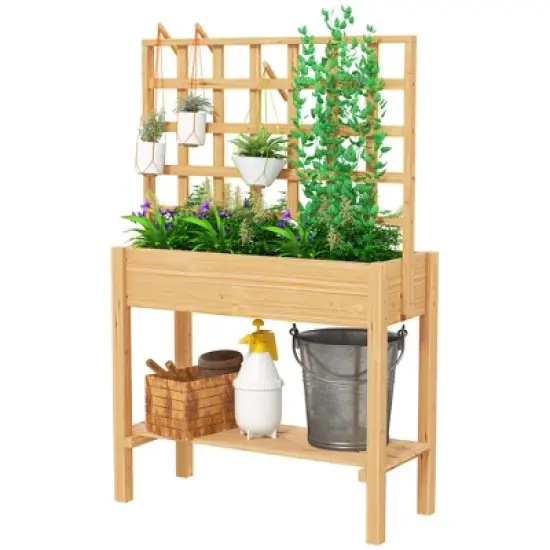 Outsunny Wooden Raised Planter Box with Trellis, Raised Flower Bed with Storage Shelf, Outdoor Garden Planter for Vegetables, Flowers, Herbs image {3}