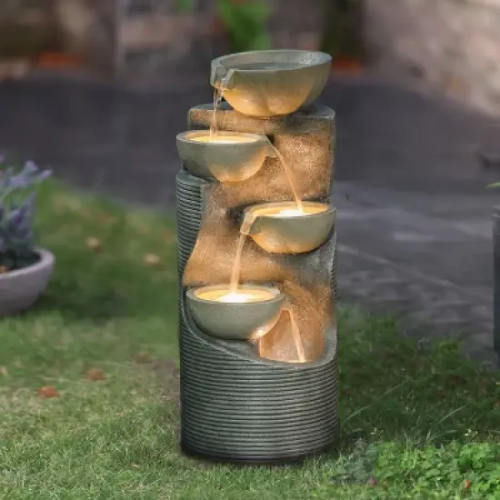 LuxenHome Modern Gray Cement Tiered Bowls Outdoor Fountain with Lights image {1}