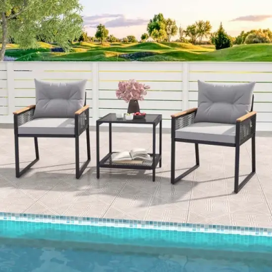 Costway 3 PCS Outdoor Conversation Set with 2-Layer Side Table Acacia Wood Armrests image {4}