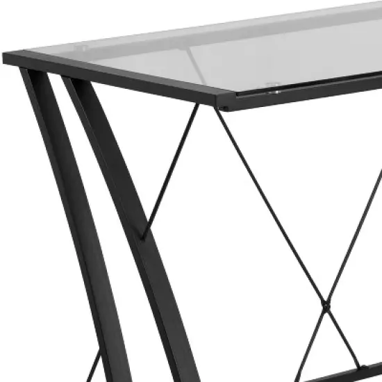 BlackArc Gaming Desk with Clear Glass Top and Black Powder Coated Metal Frame - L-Shaped 79" Diagonal Width - 8mm Tempered Glass image {4}
