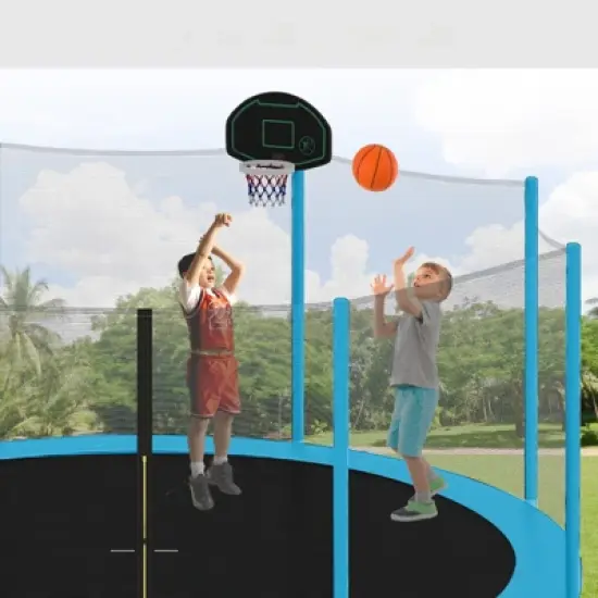 DSVIMOY 14FT Trampoline for Kids with Safety Enclosure Net, Basketball Hoop and Ladder, Round Outdoor Recreational Trampoline, Blue, 168"*168"*105" image {4}