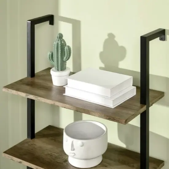 HOMCOM Industrial 5 Tier Ladder Shelf, Wall Mount Storage Shelves Bookcase with Metal Frame, Corner Unit, Plant Flower Rack for Living Room, Balcony, Brown image {4}