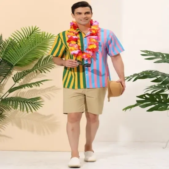 Lars Amadeus Men's Summer Button Down Contrast Color Vertical Stripes Patchwork Shirts image {2}