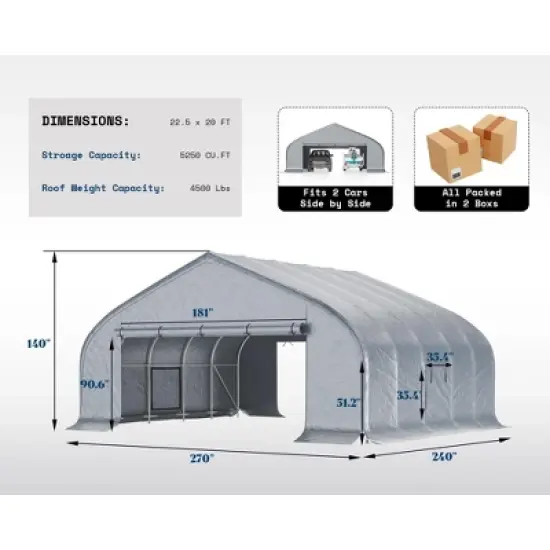AMERLIFE 22.5 x 20 FT Heavy Duty Anti-Snow Galvanized Carport with Roll-Up Doors, Silver Gray image {1}