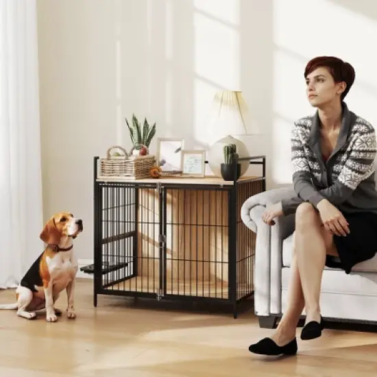 PawHut Dog Crate Furniture, 30 Inch Pet Kennel Furniture End Side Table with Rotatable Bowls, 2 Anti-Escape Doors, Top Storage Shelf, for M Dogs, Oak image {2}