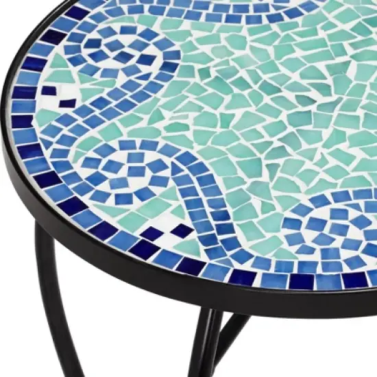 Teal Island Designs Black Round Outdoor Accent Side Tables 14" Wide Set of 2 Blue Wave Mosaic Tabletop Front Porch Patio Home House image {1}