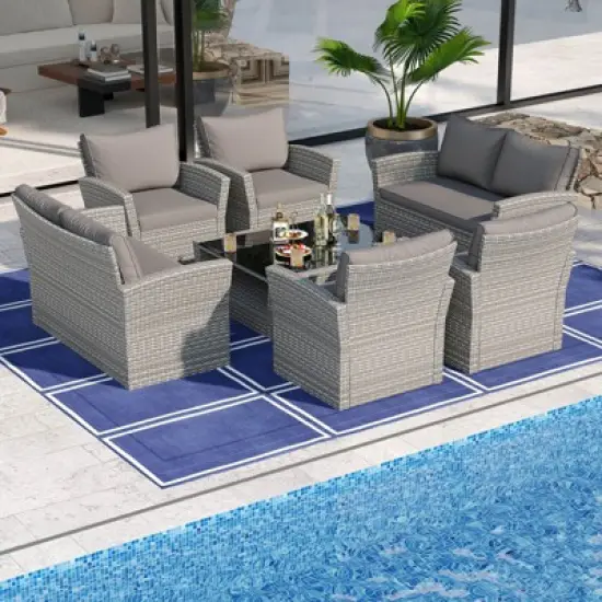 Costway 8 PCS Patio Furniture Set with 4 Rattan Chairs Loveseat Coffee Table Cushions image {1}