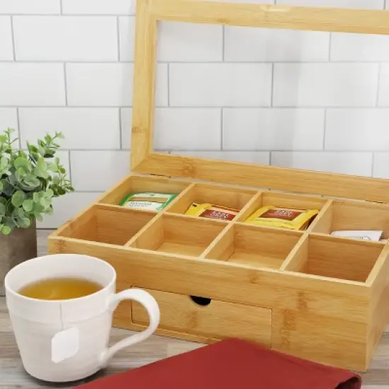 MegaChef 13 x 8 Inch Bamboo Tea Box Organizer with Acrylic Top Window image {1}