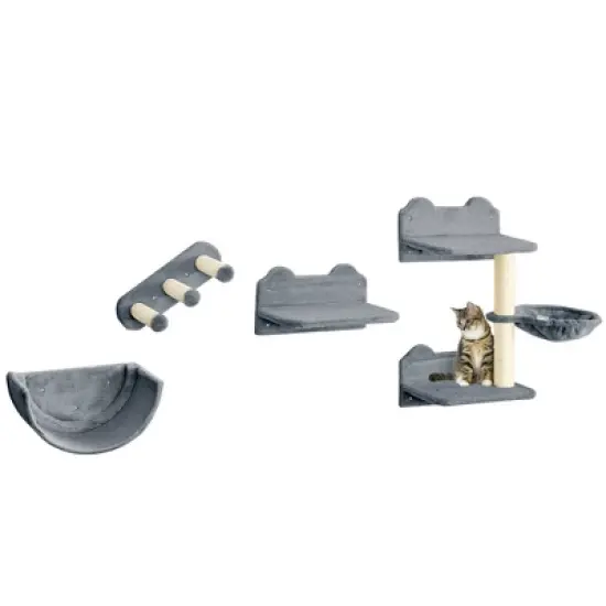 PawHut 4Pcs Cat Wall Shelves, Cat Wall Furniture with Hammock, Scratching Post, 3 Steps, Jumping Platforms for Activity Indoor Cat image {6}