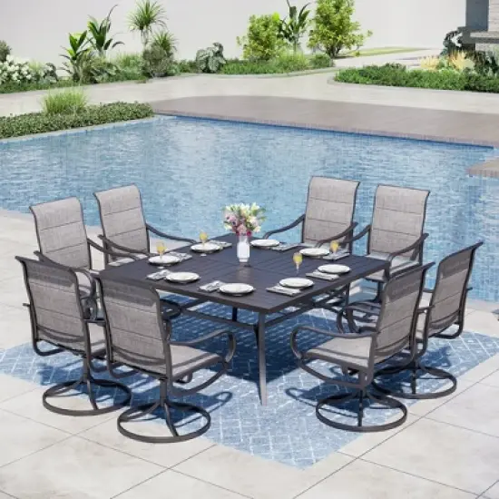 Captiva Designs 9pc Spacious Slat-top Square Metal Table with Umbrella Hole & Padded Textilene Swivel Chairs image {16}