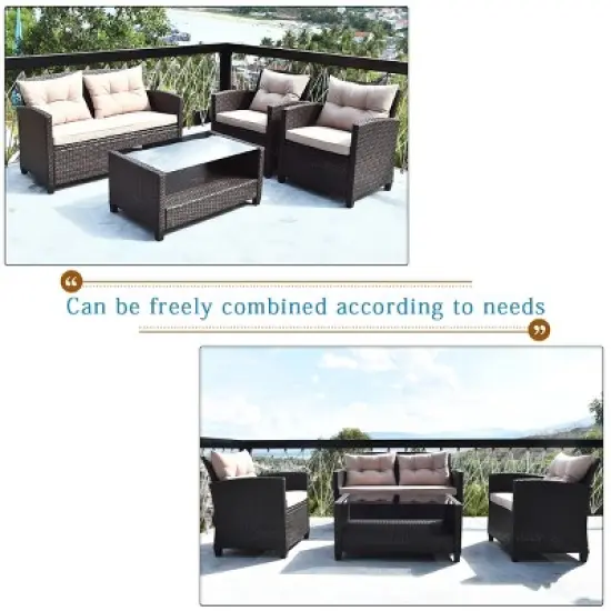 Costway 4PCS Outdoor Rattan Furniture Set Cushioned Sofa Armrest Table image {4}