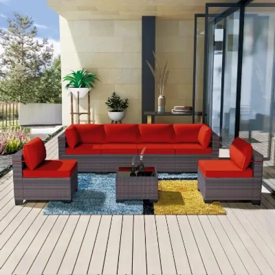 ALAULM Patio Furniture 7 Pieces Outdoor Sectional PE Rattan Sofa Set Brown Manual Wicker Patio Conversation Set image {12}