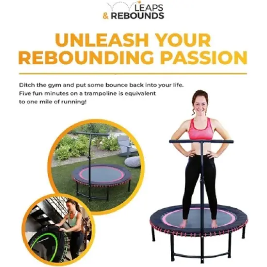 LEAPS & REBOUNDS 48" Adjustable Stability Bar Attachment with 48" Mini Fitness Trampoline and Home Gym Rebounder for Cardio Exercises, Gray image {4}