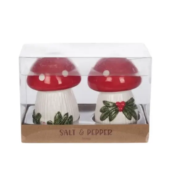 Transpac Dolomite Christmas Mushroom Salt and Pepper Shaker Set of 2 Ceramic Multicolor Holiday Tabletop Decor image {1}