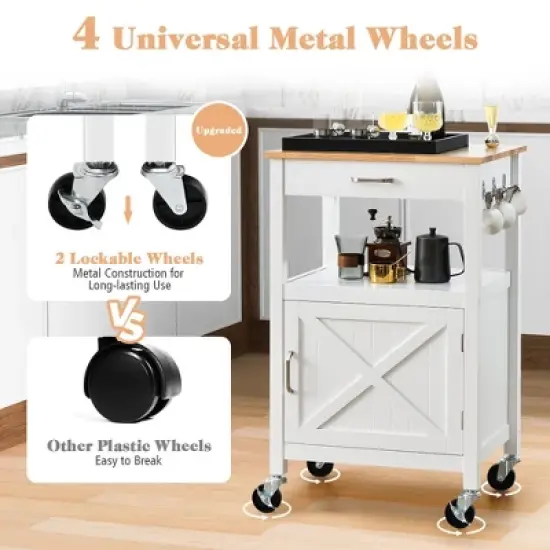 Tangkula Small Kitchen Island on Wheels Mobile Trolley Cart Barn Door Drawer Hooks image {8}