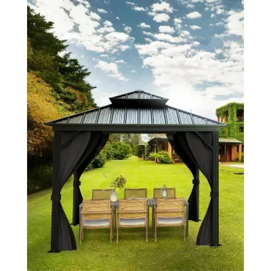 10x10 Ft Hardtop Gazebos with Heavy Duty Double Roof, Nettings and Curtains image {8}