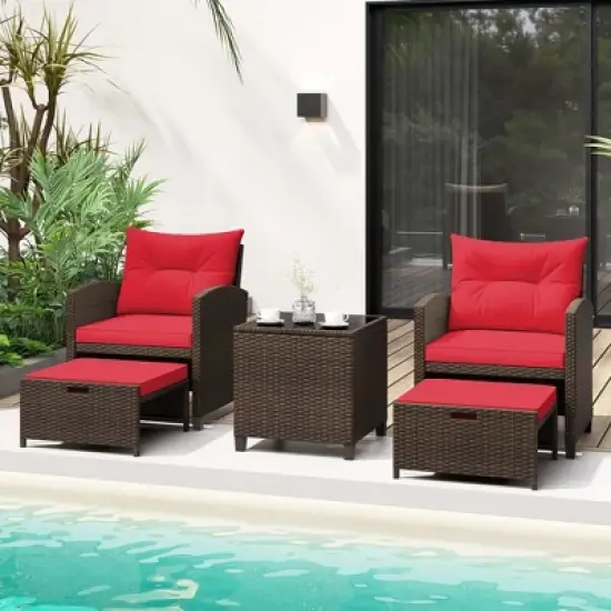 Costway 5 Piece Patio Rattan Furniture with 2 Ottomans & Tempered Glass Coffee Table Black/Off White/Navy/Red/Gray image {14}