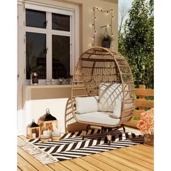 360Swivel Egg Chair, Patio Rotating Rattan Egg Basket Chair with Steel Frame and 4 Cushions, Heavy-Duty Wicker Chair for Porch, Backyard image {3}