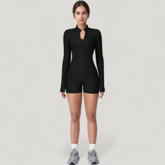 Anna-Kaci Active Women's Long Sleeve Ribbed Zip-Up Athletic Jacket with High Neckline image {1}