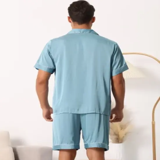 cheibear Men Satin Button Down Pajama Sets Short Sleeve Shirt and Shorts Sleepwear image {3}