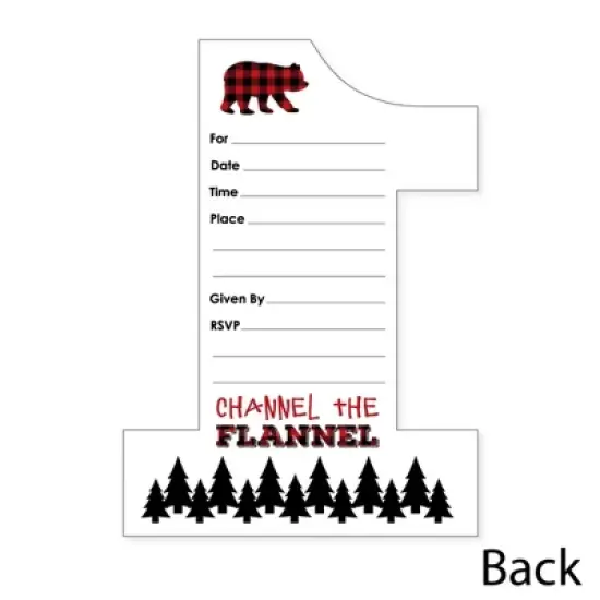 Big Dot of Happiness 1st Birthday Lumberjack - Channel The Flannel - Shaped Fill-in Invites - Birthday Party Invite Cards with Envelopes - Set of 12 image {3}